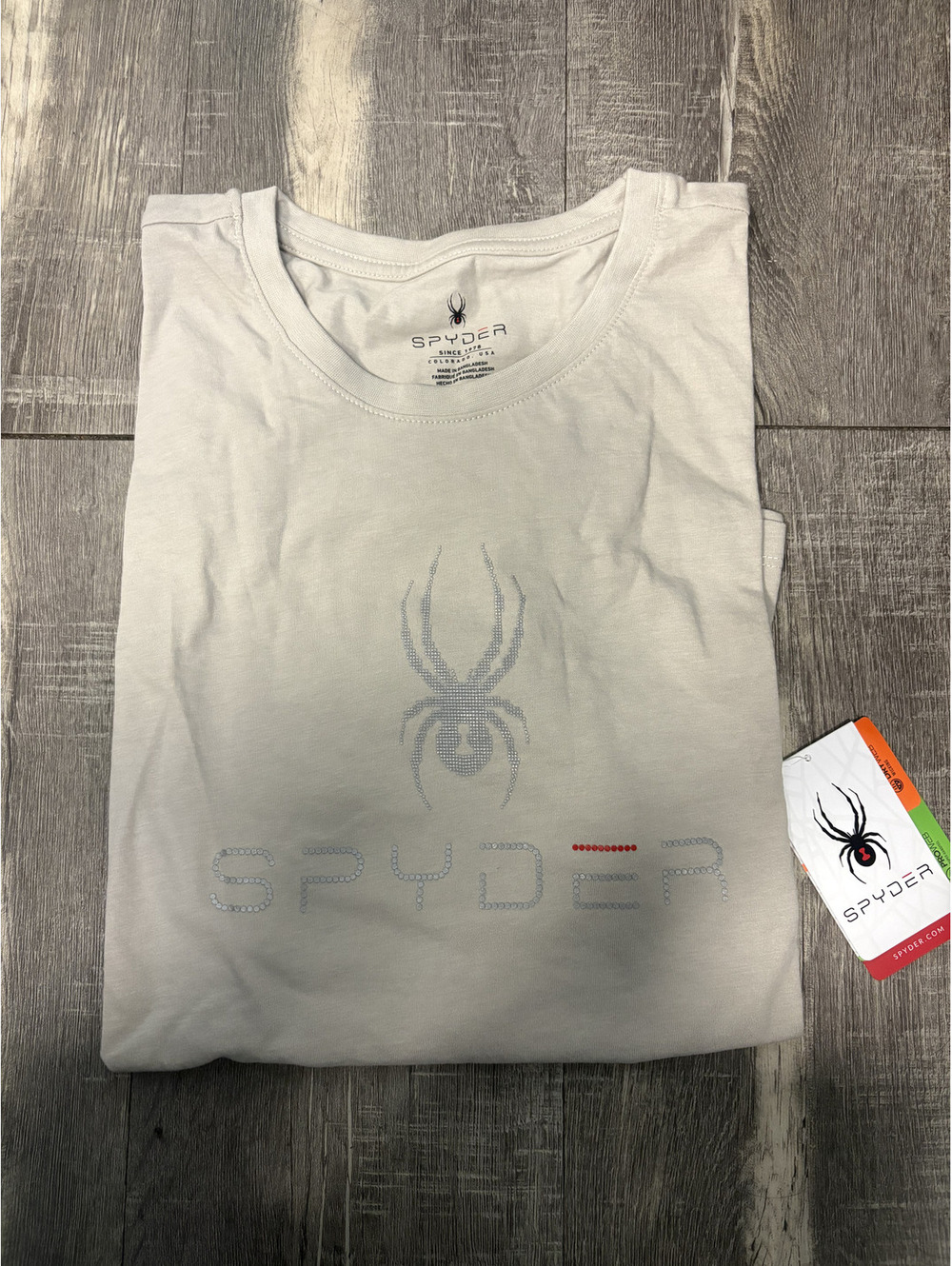 NWT Spyder Rhinestone Crystal Logo T-Shirt Light Grey Short Sleeve Top L